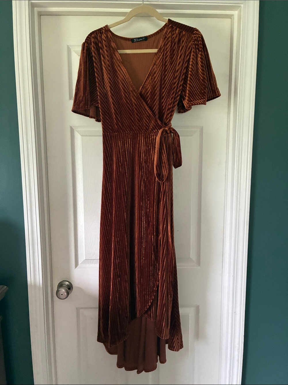 Simple Burnt Orange Velvet Wrap Dress with Flutter Sleeves